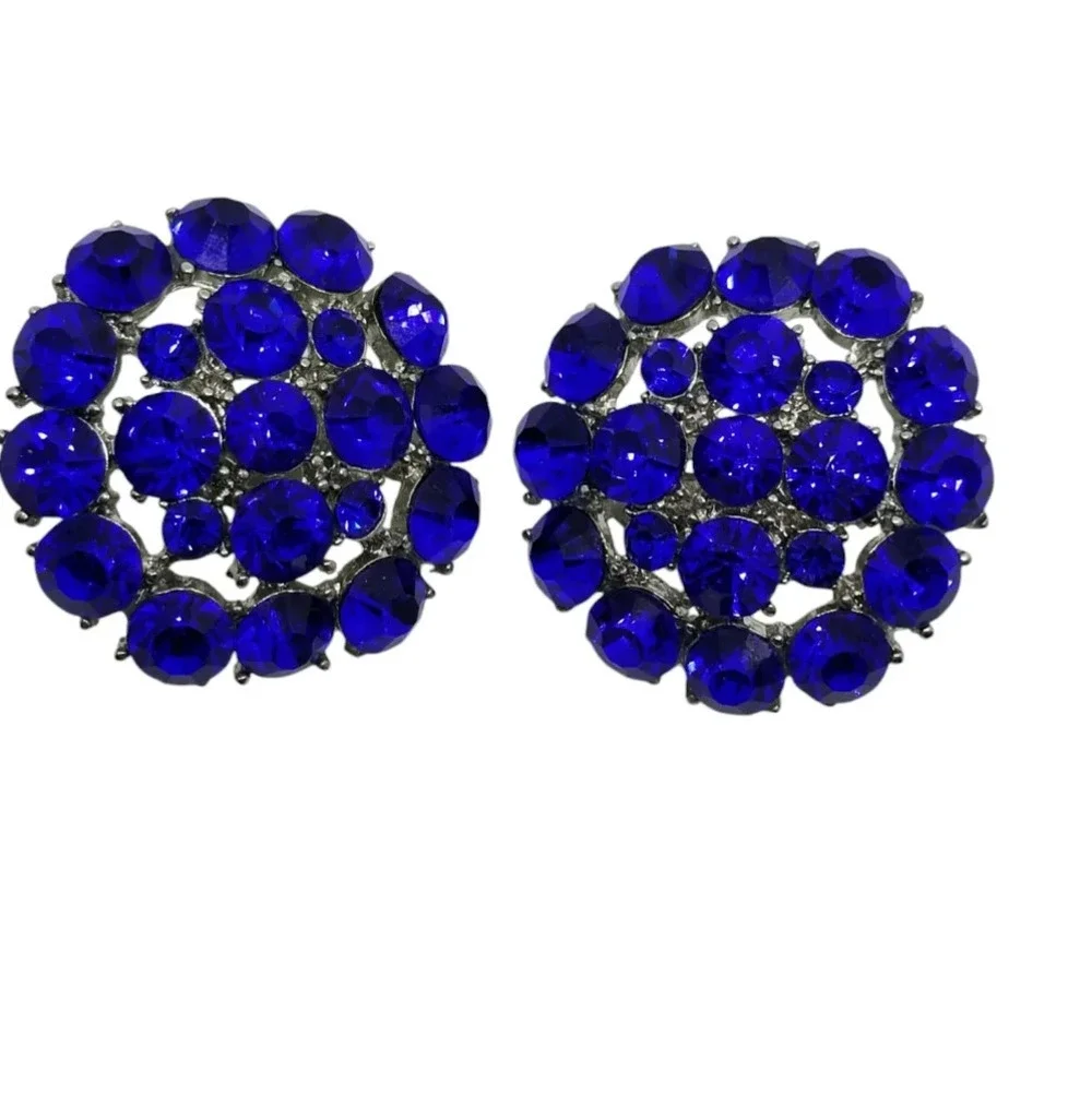 VINTAGE LARGE SILVERTONE & COBALT BLUE GLASS RHINESTONE CLIP ON EARRINGS